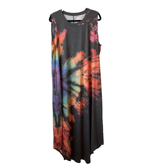 Women’s Plus 2XL Boho Travel Rainbow Tie Dye Sleeveless Maxi Asymmetric Dress - Picture 1 of 7